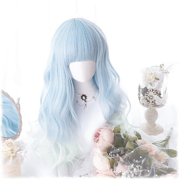 Baby blue wavy wig - bangs - blue wig - wigs - cosplay