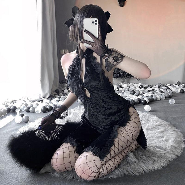 Black Velour Cheongsam Dress - china, chinese, cosplay, costume, dresses