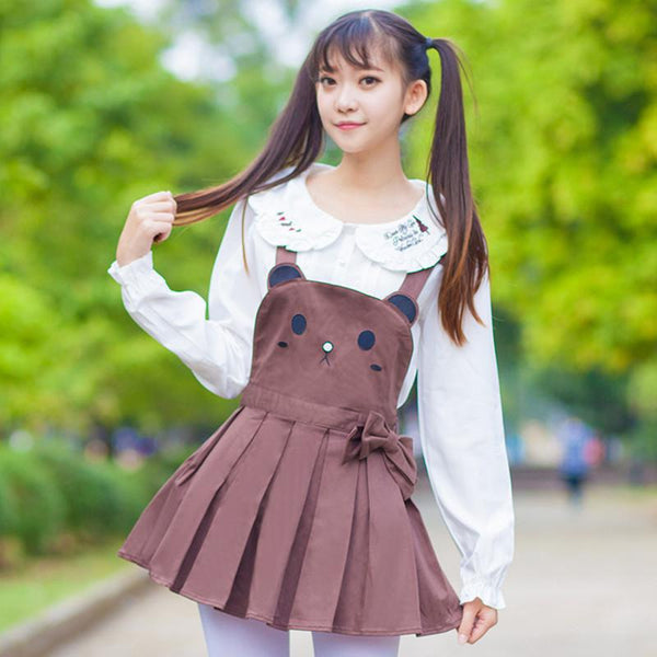 Brown kitty jumper - apron dress - bear - brown - cat
