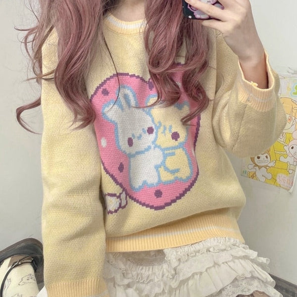 Bunny Friends Knit Crewneck - bunny, bunny ears, bunny rabbit, bunny rabbits, crew neck sweater Kawaii Babe