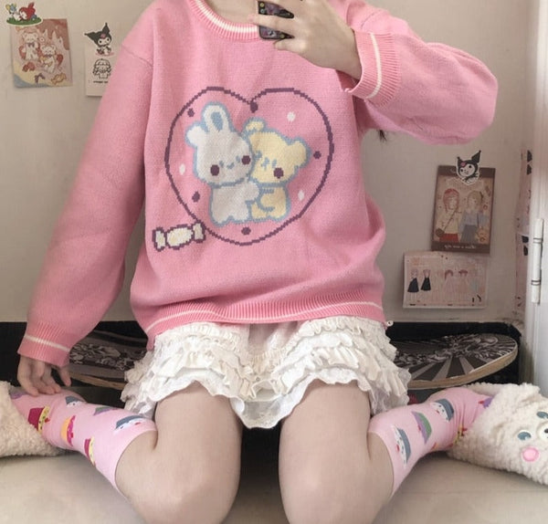 Bunny Friends Knit Crewneck - bunny, bunny ears, bunny rabbit, bunny rabbits, crew neck sweater Kawaii Babe