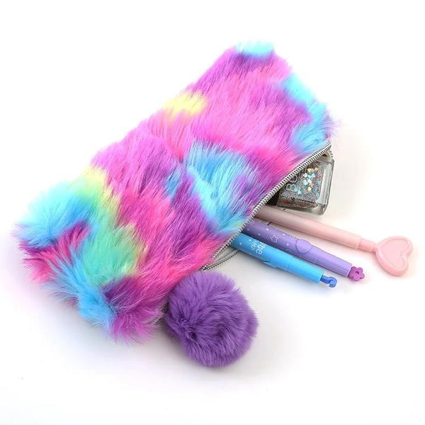 Bright Rainbow Vegan Fur Storage Pencil Bag Makeup Cosmetic Case Kawaii 