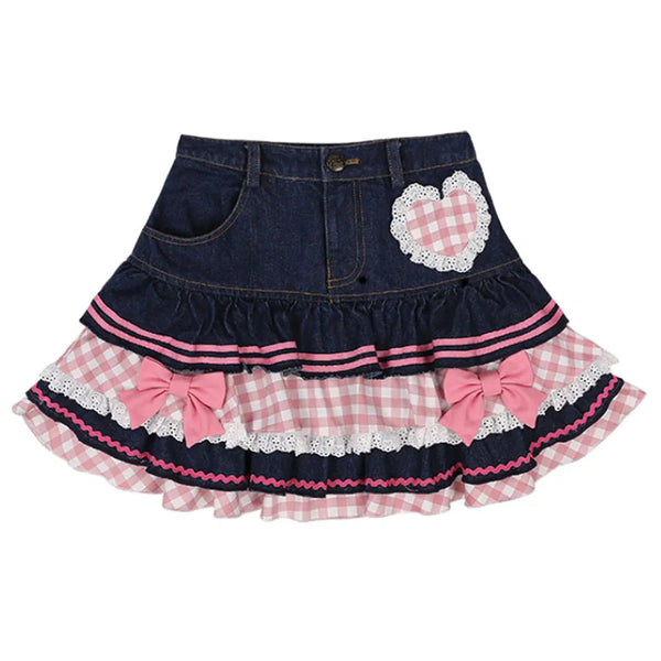 Denim sweetheart plaid miniskirt - 90s - denim - jeans - miniskirt - skirt