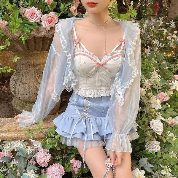 Fairy Cherry Bustier Crop - White / XL - baby doll, babydoll, bralette, bustier, cherries
