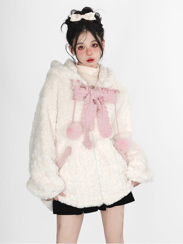 Fuzzy neko pompom hooded coat - cat hoodie - sweater - high tops - hooded -