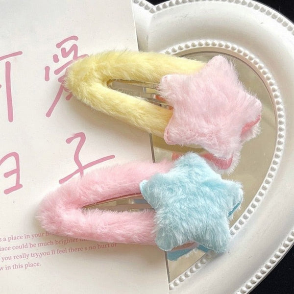 Fuzzy Star Hair Clips - barette, barettes, clips, furry, hair clip Kawaii Babe