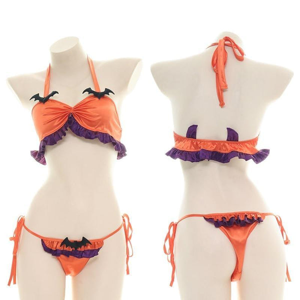 Halloween Ruffled Devil Lingerie Set - bat, bat wing, wings, bats, bikini