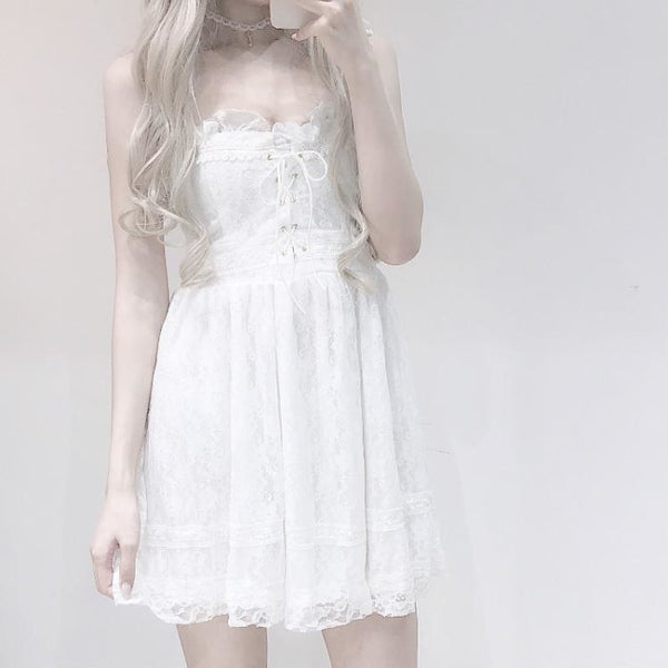 White Lace Bridal Shower Dress Innocent Bride Ruffles Lace Up Elegant Kawaii Dresses
