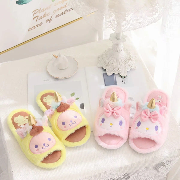 Kawaii Unicorn Slippers - cartoon, cinnamoroll, footwear, furry, fuzzy