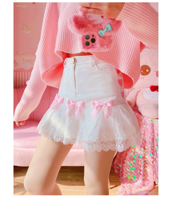 Lace ribbon lolita skirt - bow skirt - bowknot - bows - fairy kei - girly