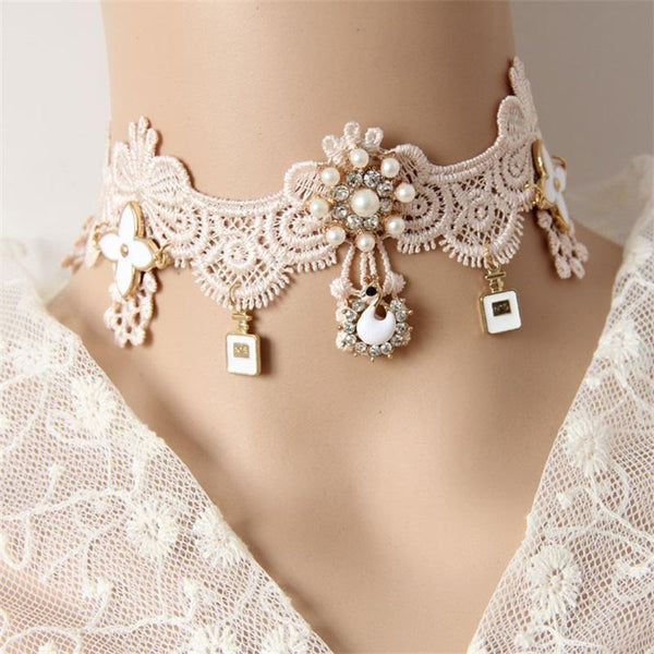 Elegant Pink Lace Victorian Collar Choker Necklace Dainty Pearls & Diamonds 