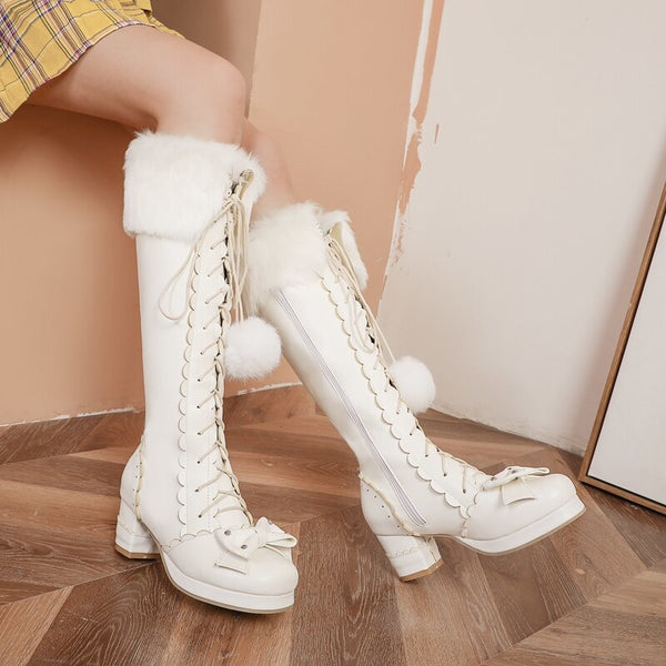 Lolita Bow Fur Knee High Boots - booties, boots, footwear, lolita fashion, lolita style Kawaii Babe