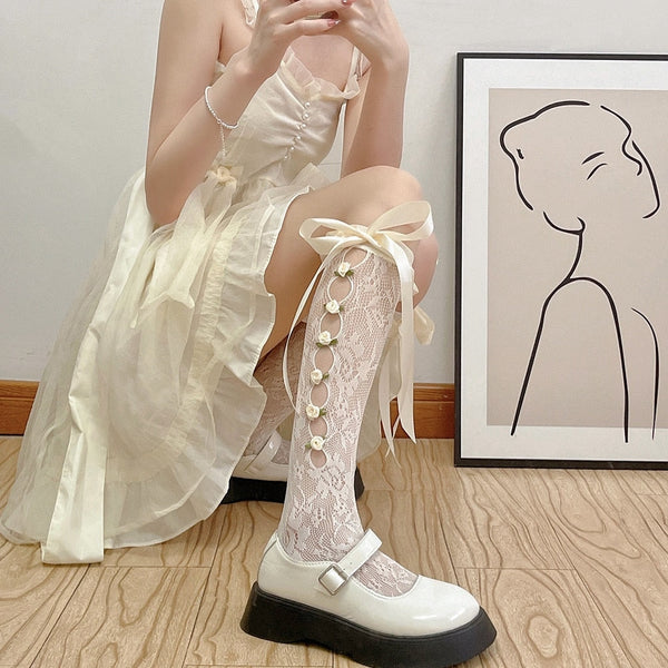Lolita Lace Ribbon & Rosebud Stockings - angelcore, angelic, dainty, dollette, elegant Kawaii Babe