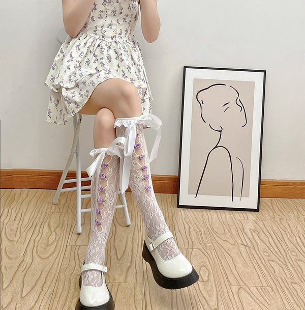 Lolita Lace Ribbon & Rosebud Stockings - angelcore, angelic, dainty, dollette, elegant Kawaii Babe