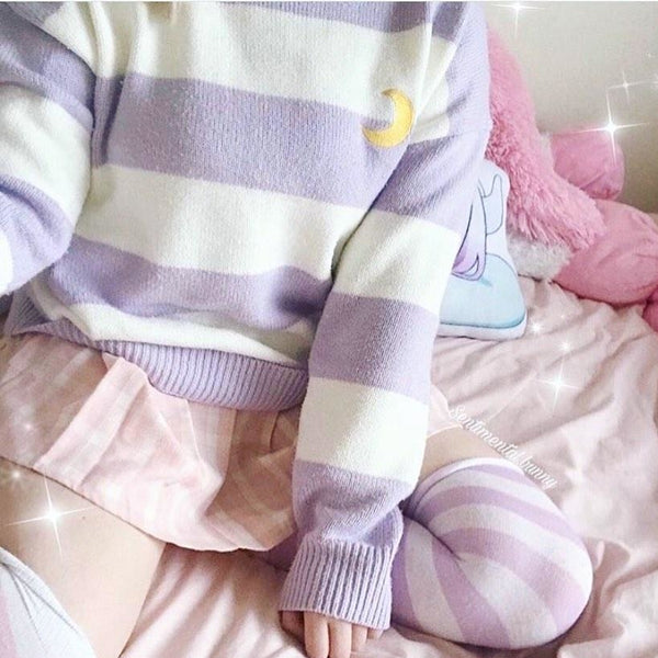 Kawaii knit striped moon sweatshirt sweater | babe