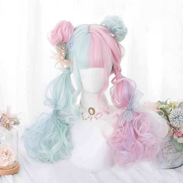 Mint & pink bun wig - blue and pink - buns - cosplay - cotton candy - hair