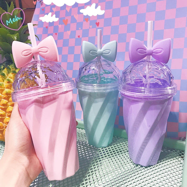 Pastel princess water bottle - 400ml - bottle - bow - water - built in straw