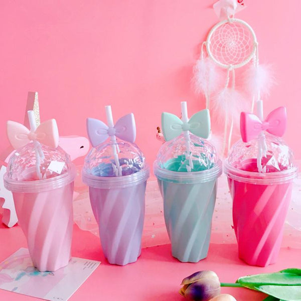 Pastel princess water bottle - 400ml - bottle - bow - water - built in straw