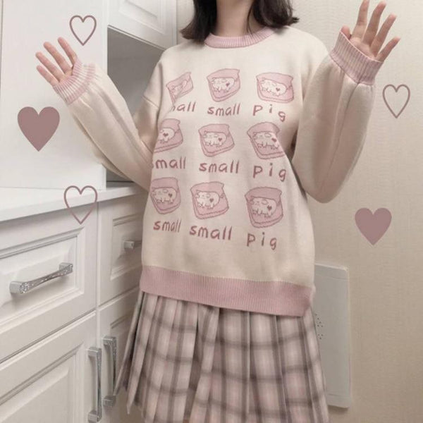 Little Piggy Crewneck - embroidered, embroidery, knit, knit sweater, knitwear