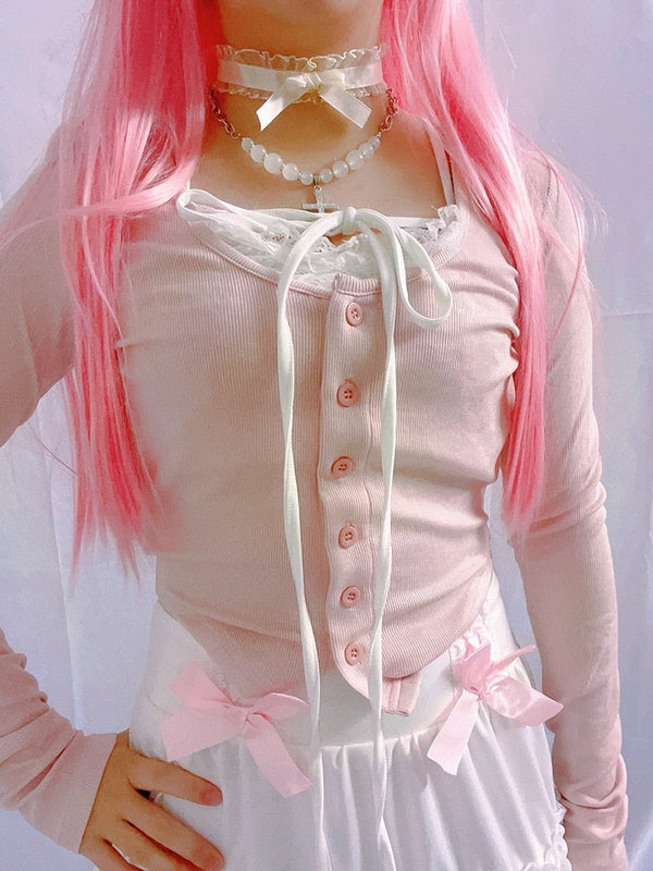 Pink Button Up Lace Cardigan - cardigan, cardigans, coquette, dollette, fae Kawaii Babe