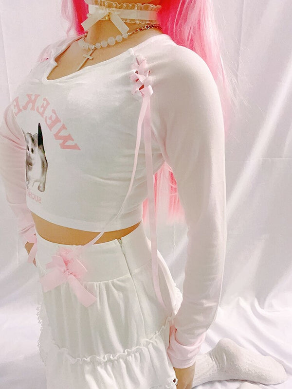 Pink Kitten Long Sleeve Crop Top - coquette, crop tops, dollette, fae, faecore Kawaii Babe