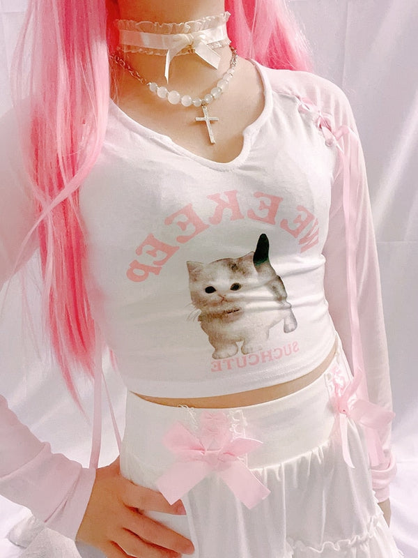 Pink Kitten Long Sleeve Crop Top - coquette, crop tops, dollette, fae, faecore Kawaii Babe