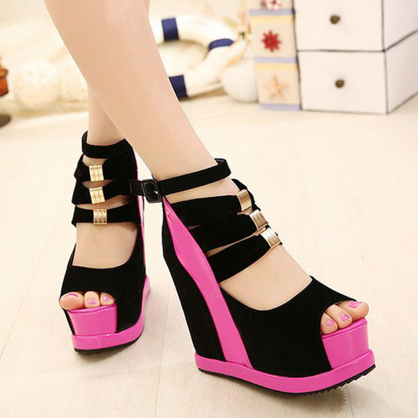 Platform peep toe wedges - ankle straps - gold - chain - hardware - heels
