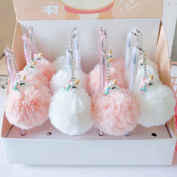 Plush Unicorn Pompom Pens - fairy-kei, pastelcore, pen, stationary, unicorn Kawaii Babe