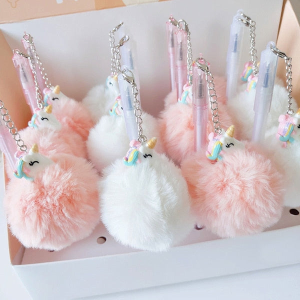 Plush Unicorn Pompom Pens - fairy-kei, pastelcore, pen, stationary, unicorn Kawaii Babe