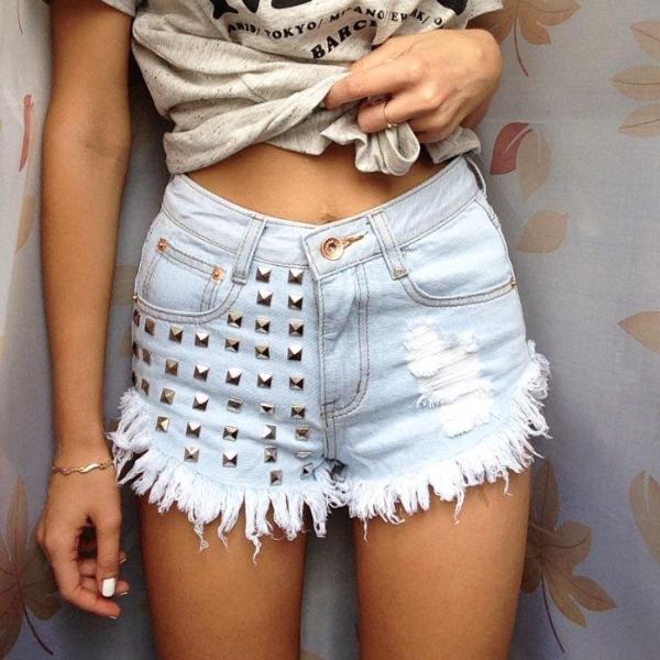 studded high waisted jean shorts denim distressed rivets edgy punk rock light blue by kawaii babe