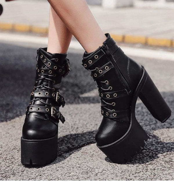 Motorcycle Black Leather Boots Ankle Booties Vegan Cruelty Free Sexy Punk Rock Goth Fashion Gothic Edgy Street Style