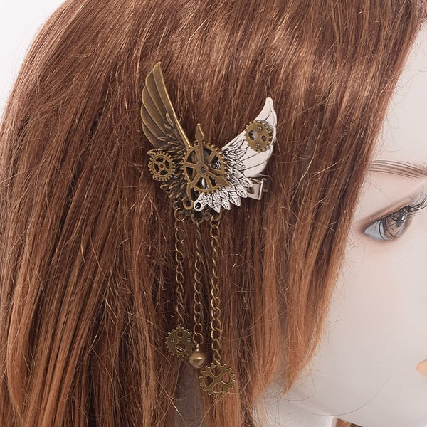 steampunk dieselpunk hair clip barette hairclip accessory clock gears cogs wheels brass copper victorian era fashion lolita by kawaii babe