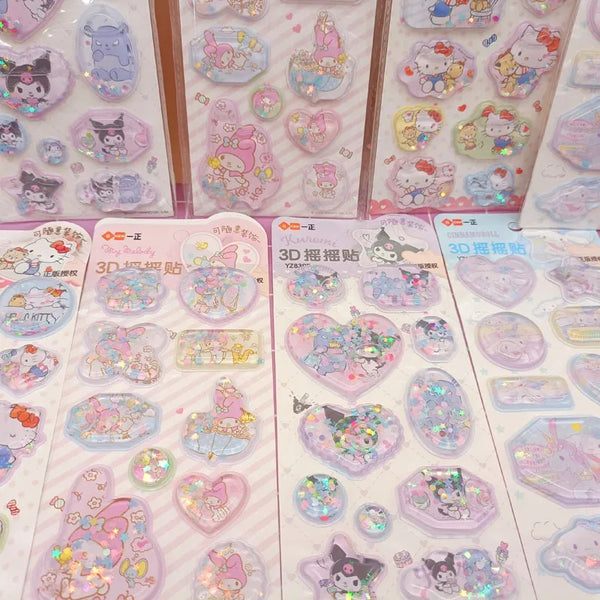 Puffy 3d kawaii character sticker sheets - hello kitty - kuromi - liquid