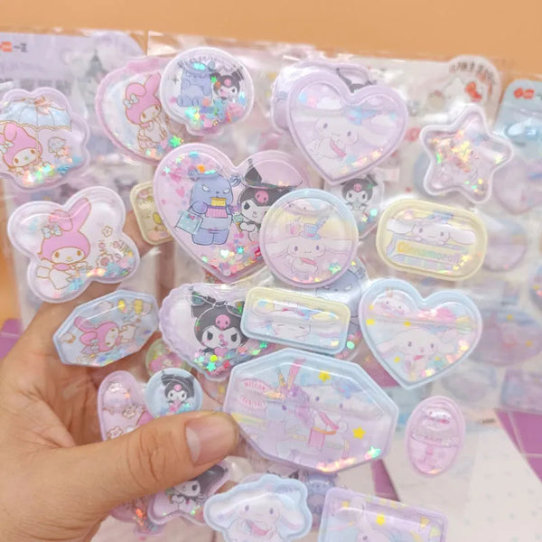 Puffy 3d kawaii character sticker sheets - hello kitty - kuromi - liquid