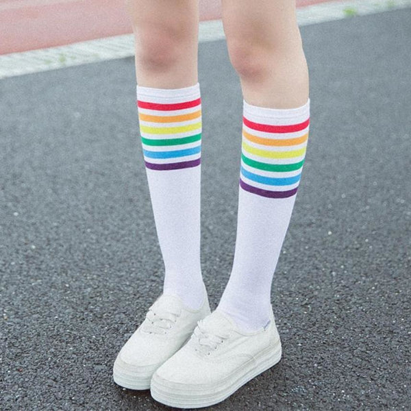 white rainbow stripe knee socks sweat socks gay pride parade harajuku japan fashion by kawaii babe