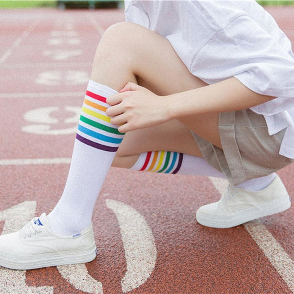 white rainbow stripe knee socks sweat socks gay pride parade harajuku japan fashion by kawaii babe