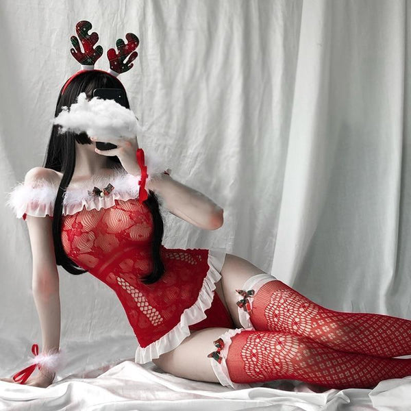 Red Fishnet Holiday Set - chrismas, christmas, elk, fishnet, fishnets