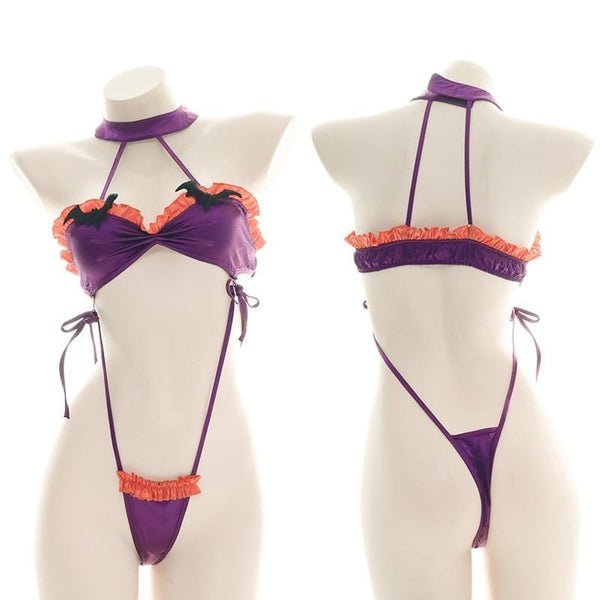 Ruffled Bat Halloween Monokini Set - bat, bats, bib, choker, collar