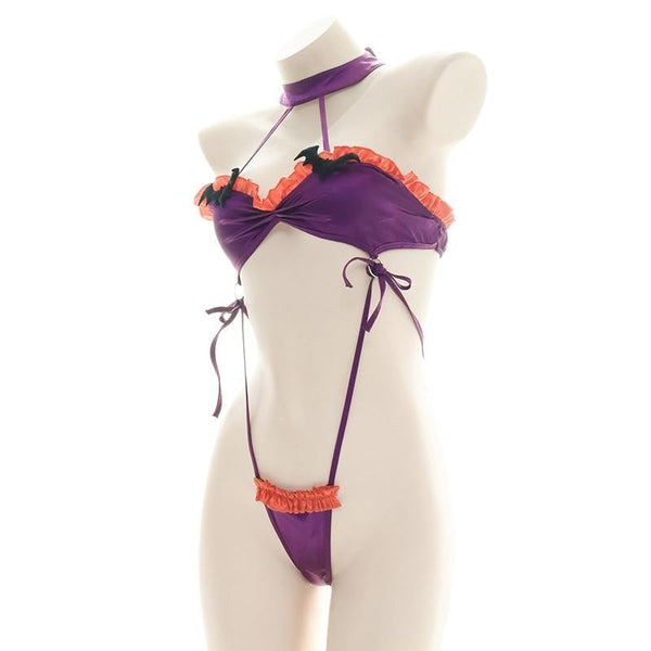 Ruffled Bat Halloween Monokini Set - bat, bats, bib, choker, collar