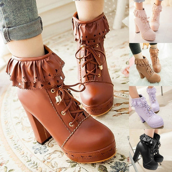 Ruffled Lace Lolita Booties - boots