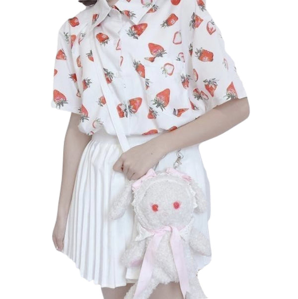 White Red Strawberry Button Up Blouse Short Sleeve Top T-shirt Kawaii Cute K-Pop Harajuku Fashion