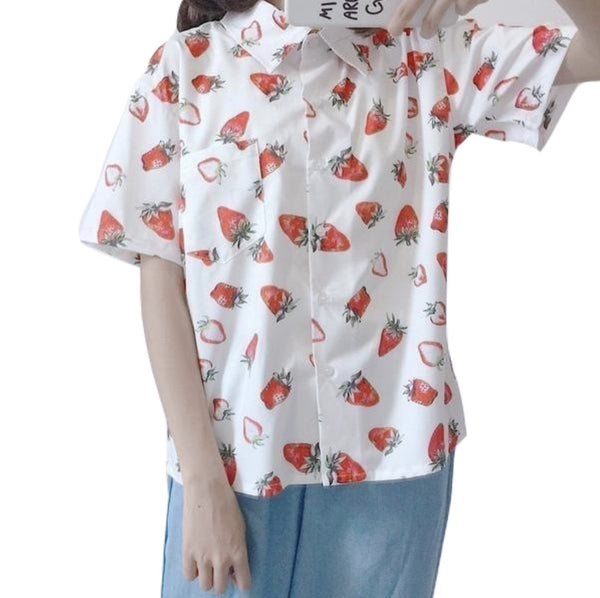 White Red Strawberry Button Up Blouse Short Sleeve Top T-shirt Kawaii Cute K-Pop Harajuku Fashion