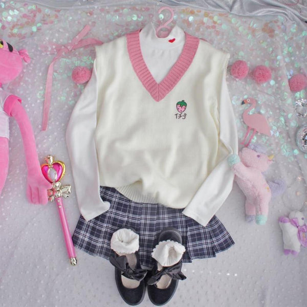 Strawberry vest - anime girl - crewneck - crewnecks - fairy kei - pastel fashion