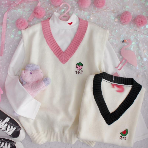 Strawberry vest - anime girl - crewneck - crewnecks - fairy kei - pastel fashion