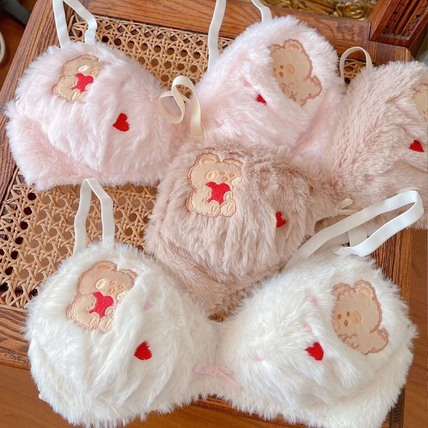 Valentine Fuzzy Bear Lingerie Set - bra, bralette, bras, embroidered, fur