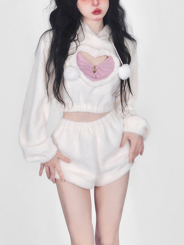White Fuzzy Valentine Set - hooded, hoodies, outfit, short shorts, sweaters Kawaii Babe