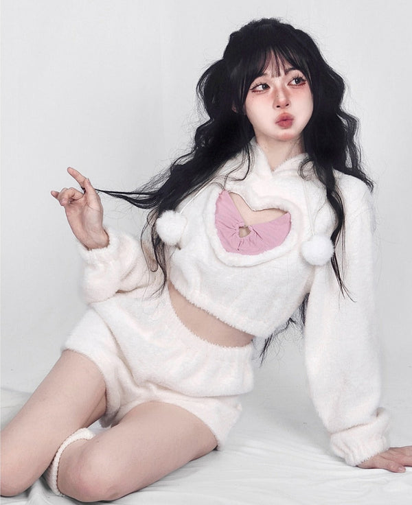 White Fuzzy Valentine Set - hooded, hoodies, outfit, short shorts, sweaters Kawaii Babe